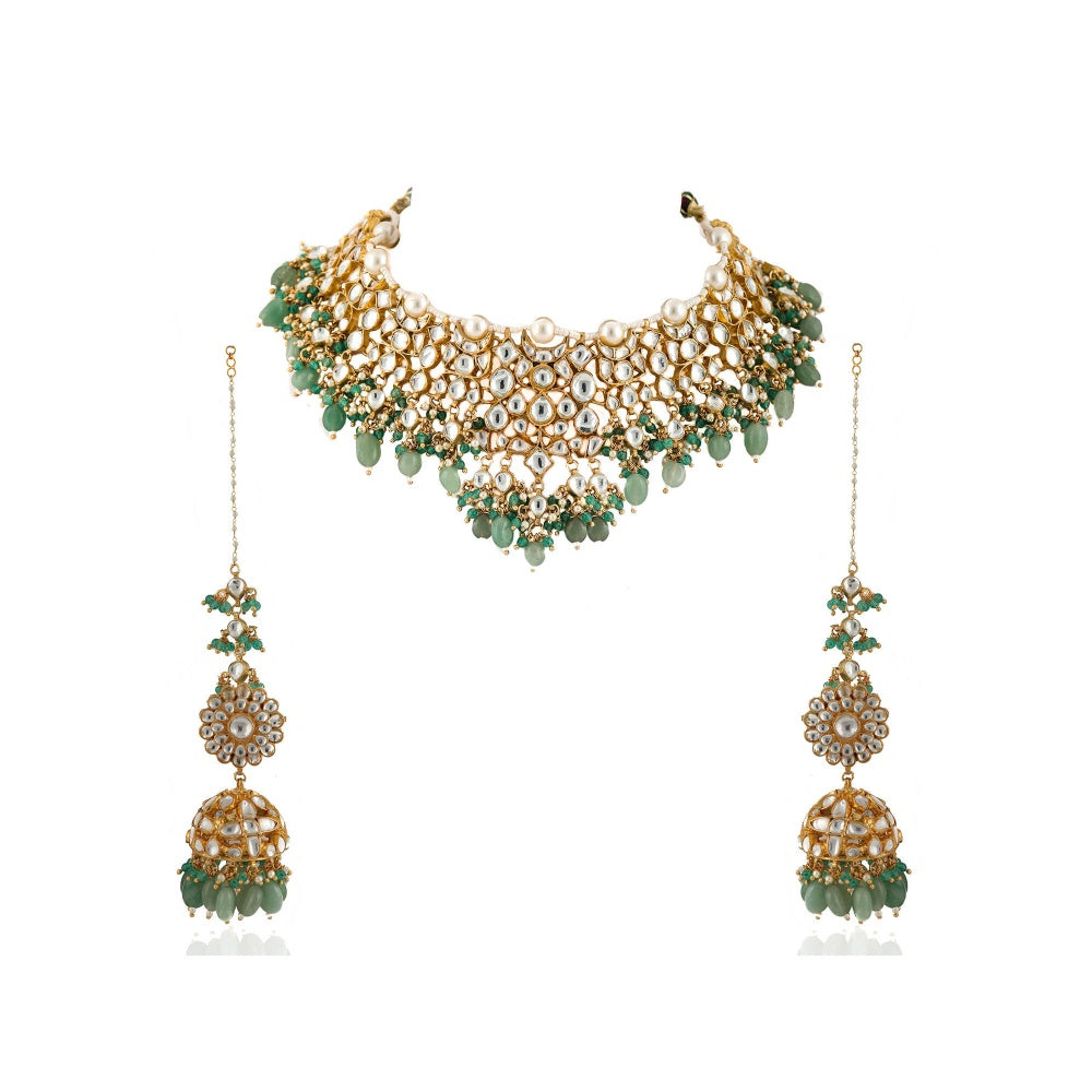 RIANA JEWELLERY White Jadtar Stone Necklace With Pearl & Sea Green Beads With Jhumki (Set of 2)