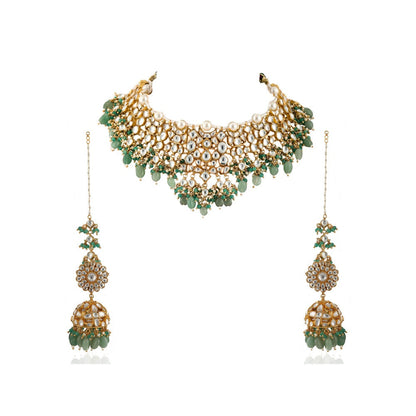 RIANA JEWELLERY White Jadtar Stone Necklace With Pearl & Sea Green Beads With Jhumki (Set of 2)