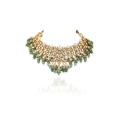 RIANA JEWELLERY White Jadtar Stone Necklace With Pearl & Sea Green Beads With Jhumki (Set of 2)