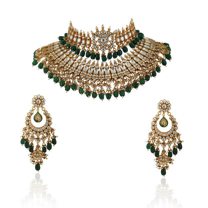 RIANA JEWELLERY White Jadtar Stone Double Necklace Set With Green Beads (Set of 2)