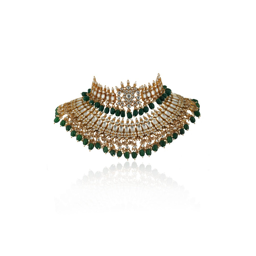 RIANA JEWELLERY White Jadtar Stone Double Necklace Set With Green Beads (Set of 2)