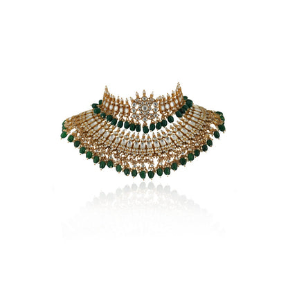 RIANA JEWELLERY White Jadtar Stone Double Necklace Set With Green Beads (Set of 2)