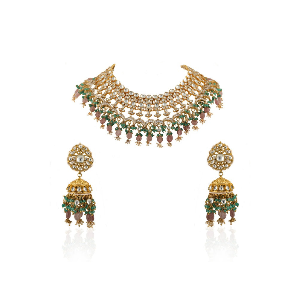 RIANA JEWELLERY White Jadtar Stone Heavy Bridal Necklace Set Pastel Pink Beads and Jhumki (Set of 2)