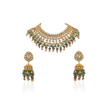 RIANA JEWELLERY White Jadtar Stone Heavy Bridal Necklace Set Pastel Pink Beads and Jhumki (Set of 2)