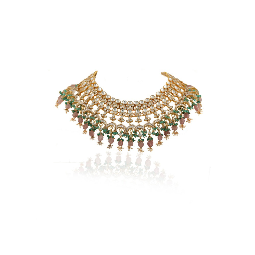 RIANA JEWELLERY White Jadtar Stone Heavy Bridal Necklace Set Pastel Pink Beads and Jhumki (Set of 2)