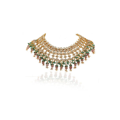 RIANA JEWELLERY White Jadtar Stone Heavy Bridal Necklace Set Pastel Pink Beads and Jhumki (Set of 2)