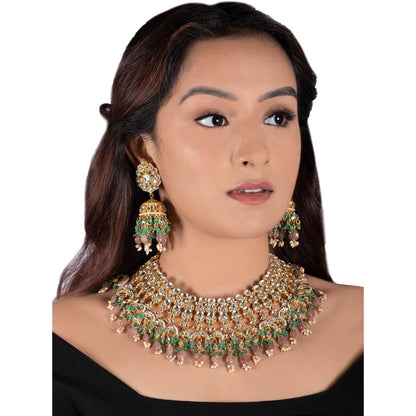 RIANA JEWELLERY White Jadtar Stone Heavy Bridal Necklace Set Pastel Pink Beads and Jhumki (Set of 2)