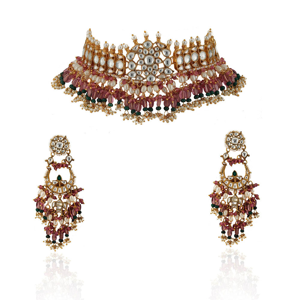 RIANA JEWELLERY White Stone Necklace Set With Light Pink Beads and White Pearl (Set of 2)