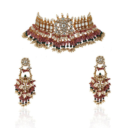 RIANA JEWELLERY White Stone Necklace Set With Light Pink Beads and White Pearl (Set of 2)