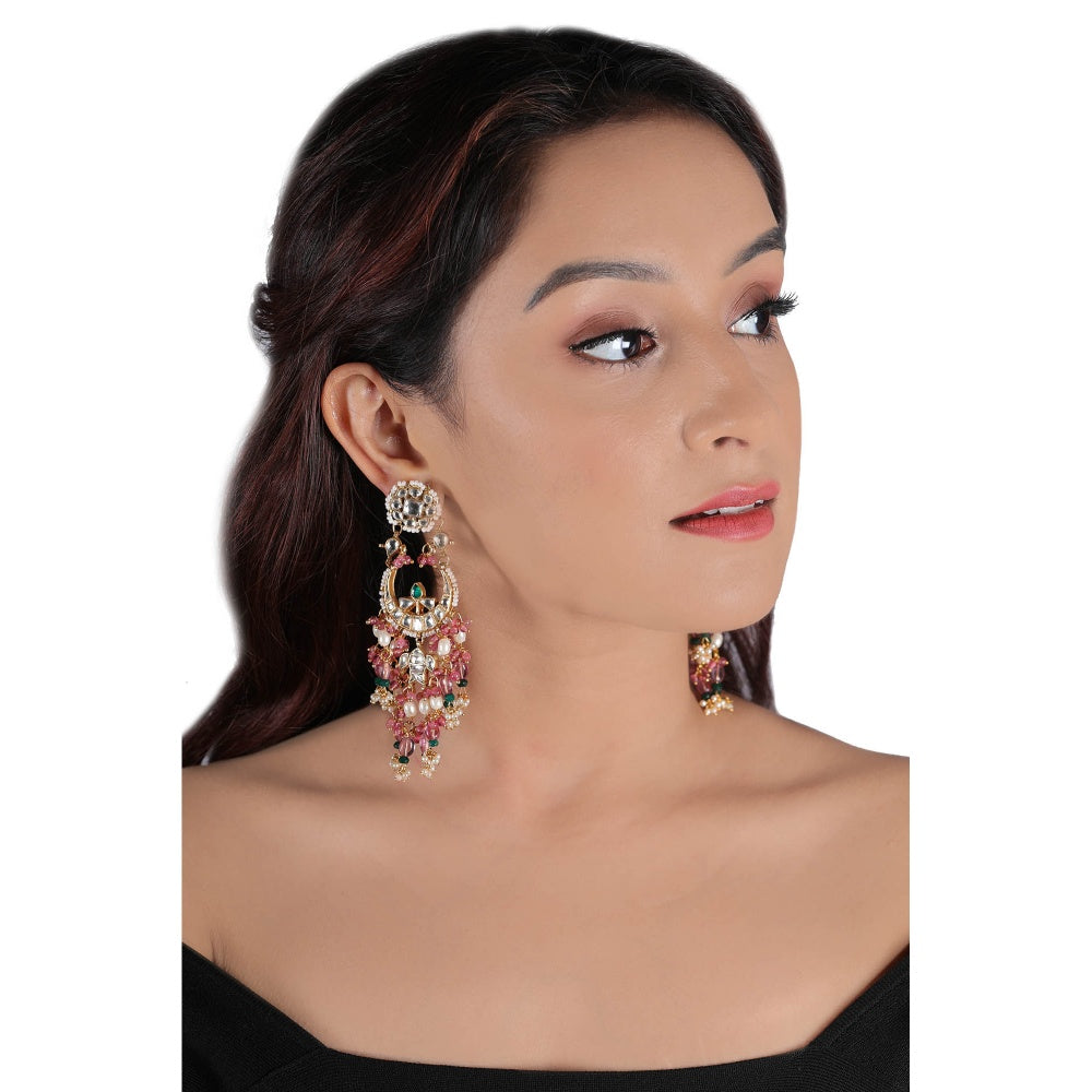 RIANA JEWELLERY White Stone Necklace Set With Light Pink Beads and White Pearl (Set of 2)