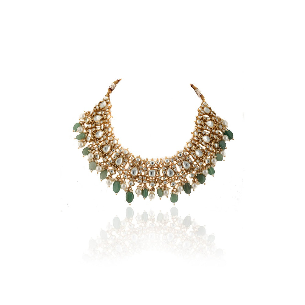 RIANA JEWELLERY White Stone Necklace Set With Pearl and Sea Green Beads (Set of 2)