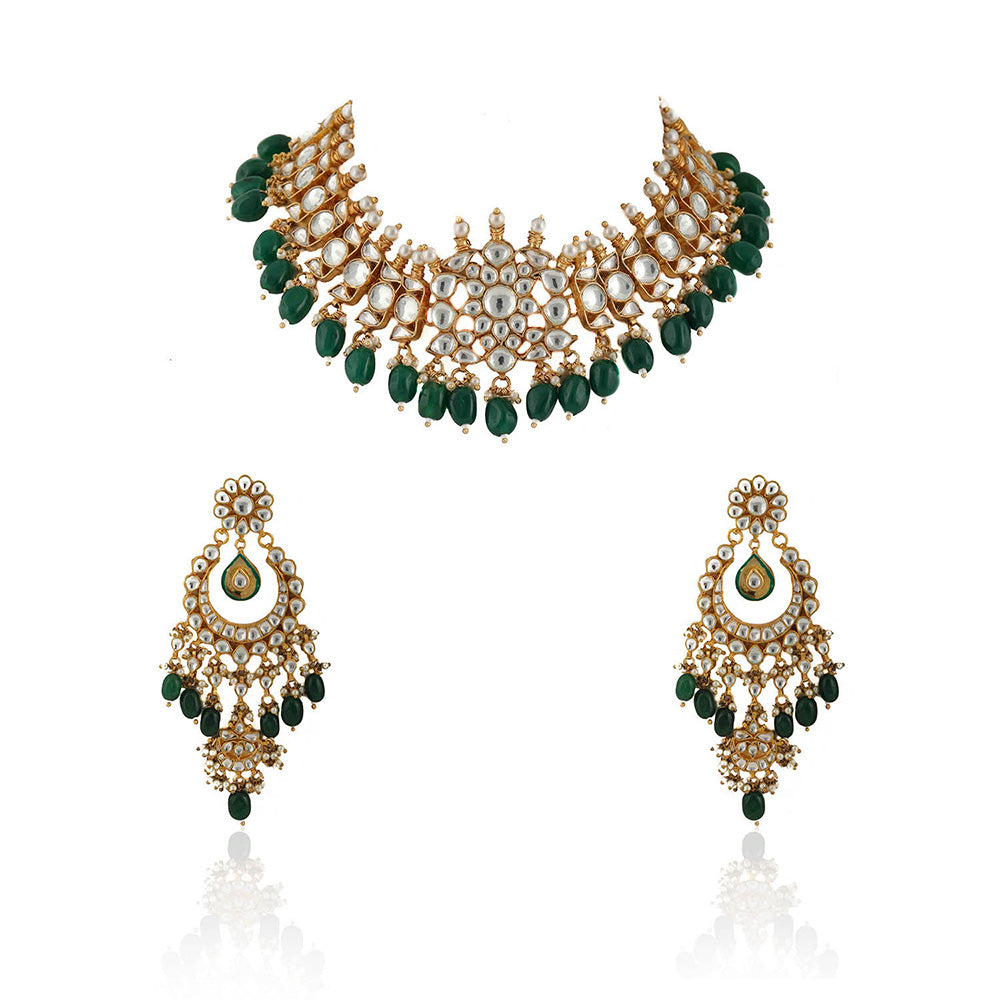 RIANA JEWELLERY White Stone Necklace Set With Green Beads (Set of 2)