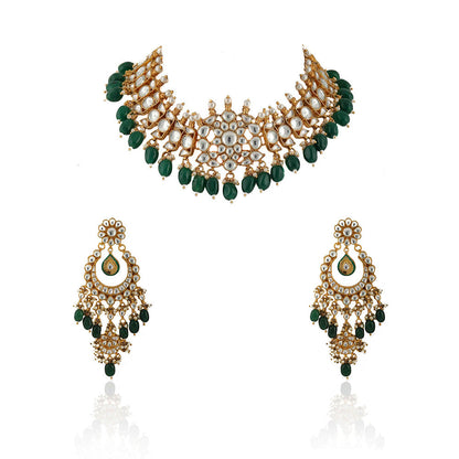 RIANA JEWELLERY White Stone Necklace Set With Green Beads (Set of 2)
