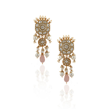 RIANA JEWELLERY White Jadtar Stone Necklace Set Light Pink Beads With Pearl (Set of 2)