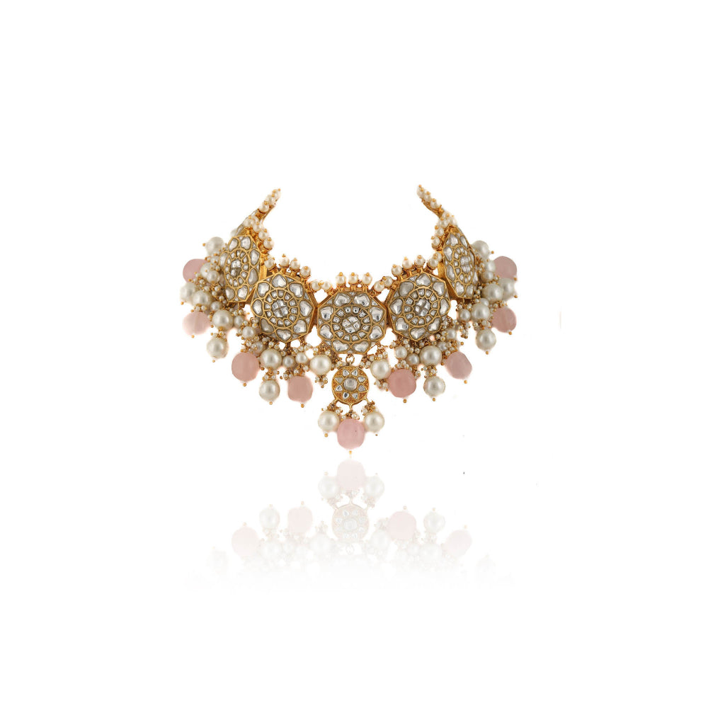 RIANA JEWELLERY White Jadtar Stone Necklace Set Light Pink Beads With Pearl (Set of 2)