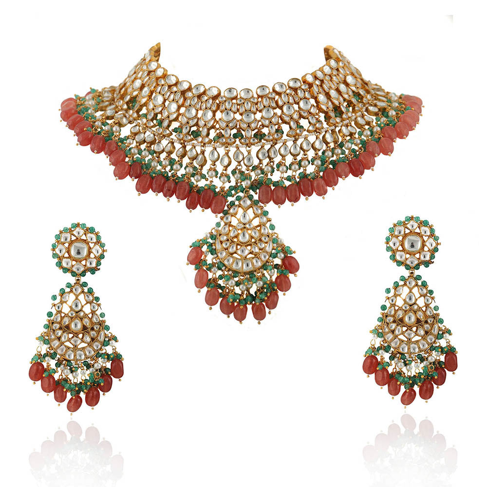 RIANA JEWELLERY White Jadtar Stone With Pastel Pink and Green Heavy Bridal Necklace Set (Set of 2)