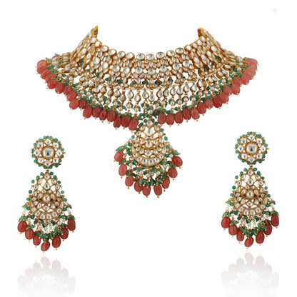 RIANA JEWELLERY White Jadtar Stone With Pastel Pink and Green Heavy Bridal Necklace Set (Set of 2)