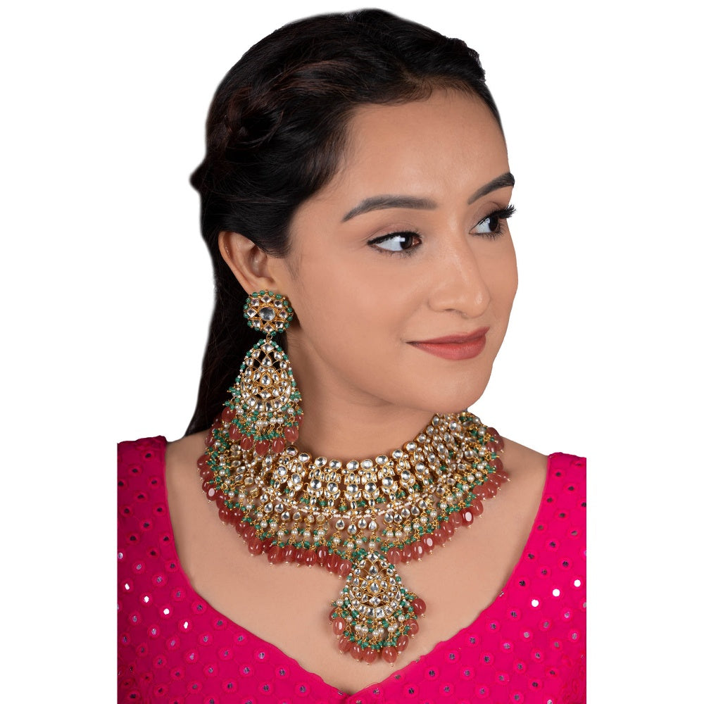RIANA JEWELLERY White Jadtar Stone With Pastel Pink and Green Heavy Bridal Necklace Set (Set of 2)