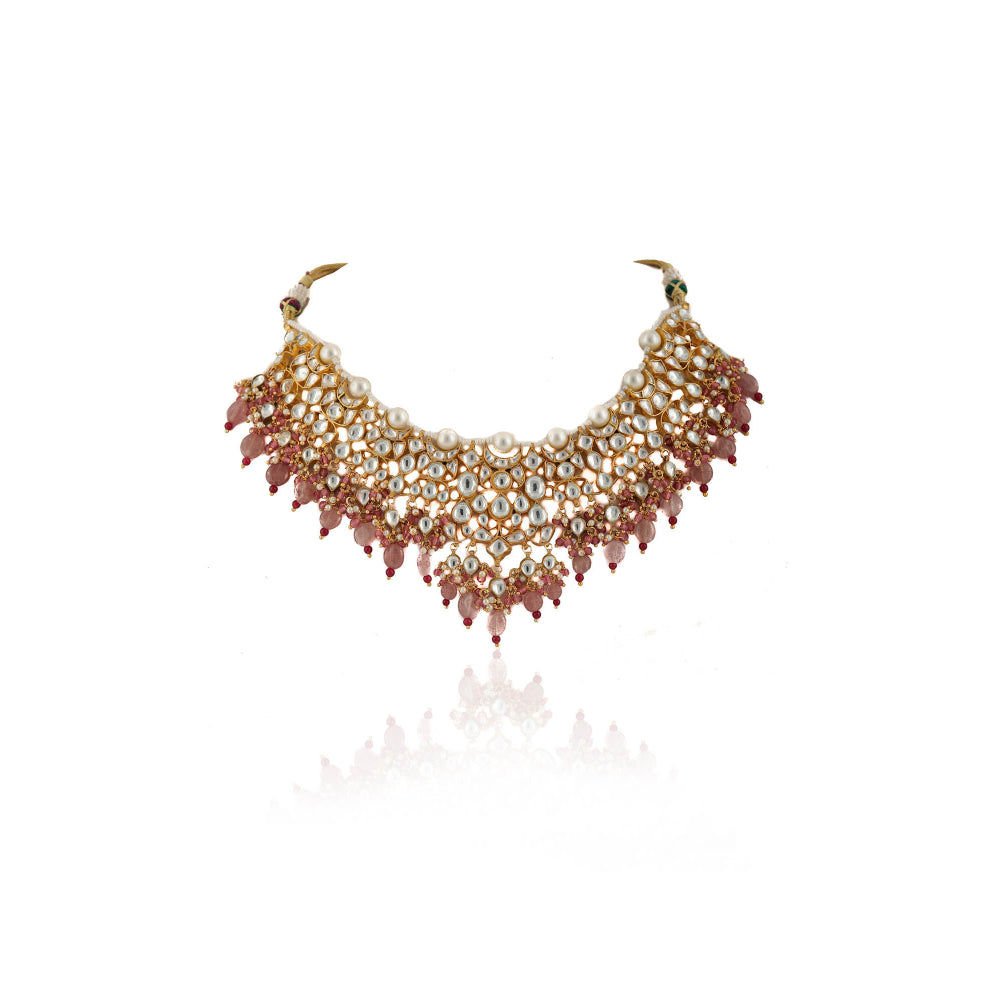 RIANA JEWELLERY White Jadtar Stone Necklace Beaded Moti Work & Light Pink Beads & Pearl (Set of 2)