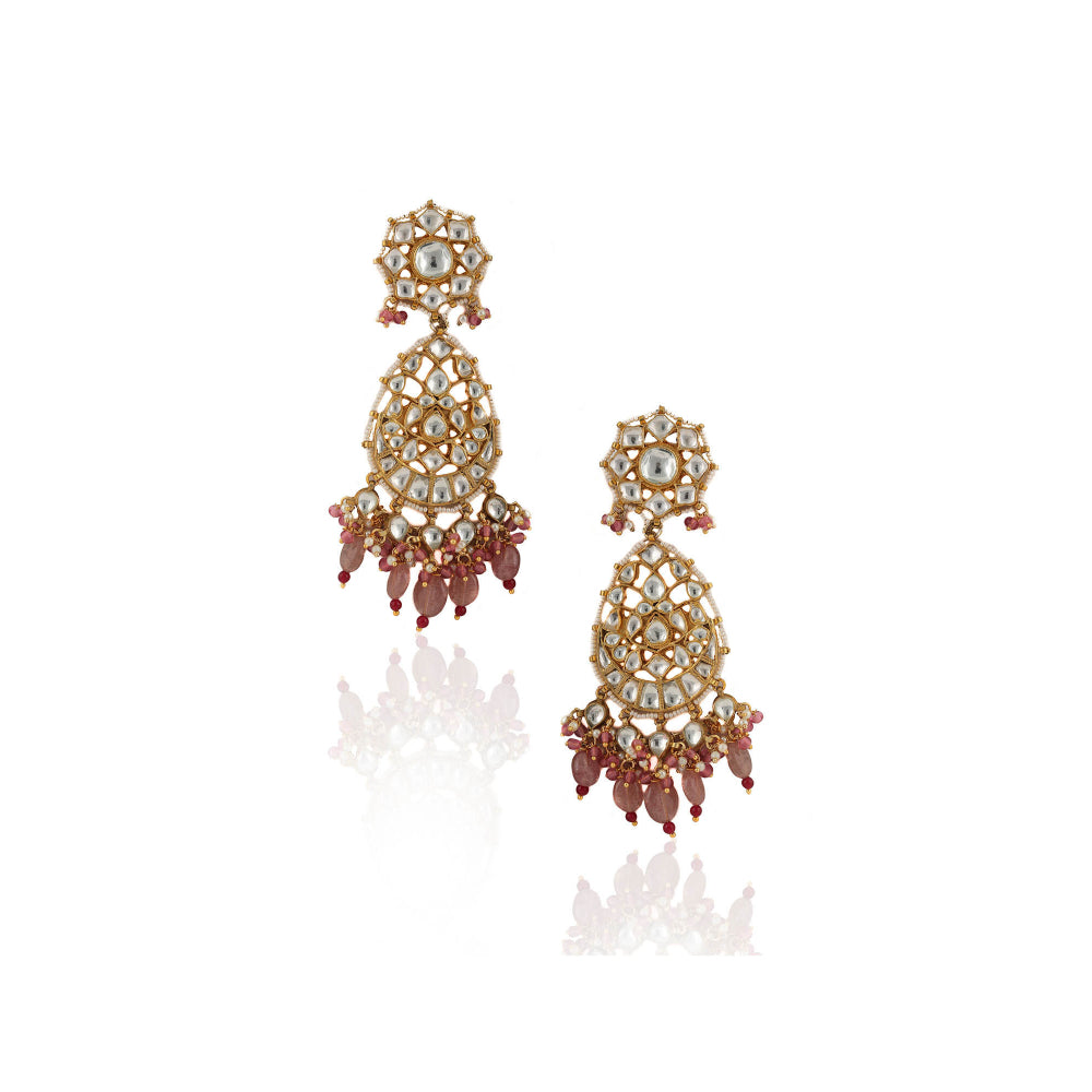 RIANA JEWELLERY White Jadtar Stone Necklace Beaded Moti Work & Light Pink Beads & Pearl (Set of 2)