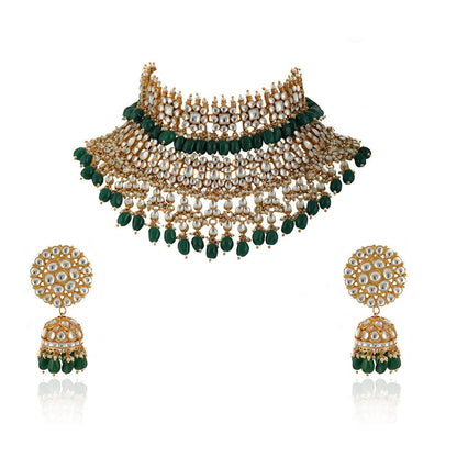 RIANA JEWELLERY White and Green Jadtar Stone 2 Line Choker With Jhumki Bridal Set (Set of 2)