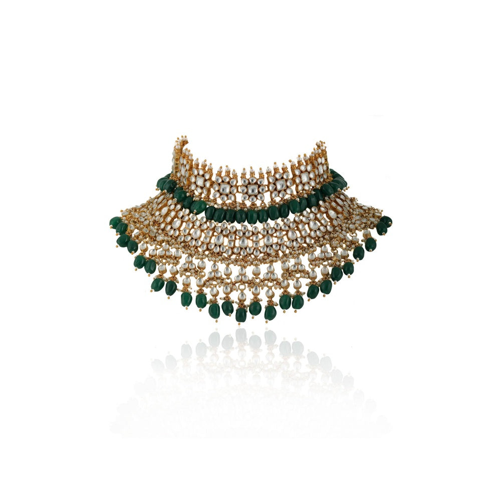 RIANA JEWELLERY White and Green Jadtar Stone 2 Line Choker With Jhumki Bridal Set (Set of 2)
