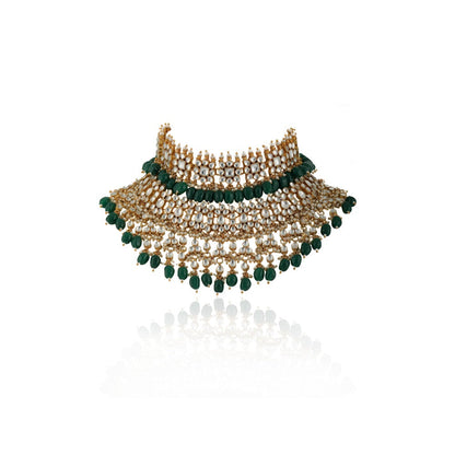 RIANA JEWELLERY White and Green Jadtar Stone 2 Line Choker With Jhumki Bridal Set (Set of 2)