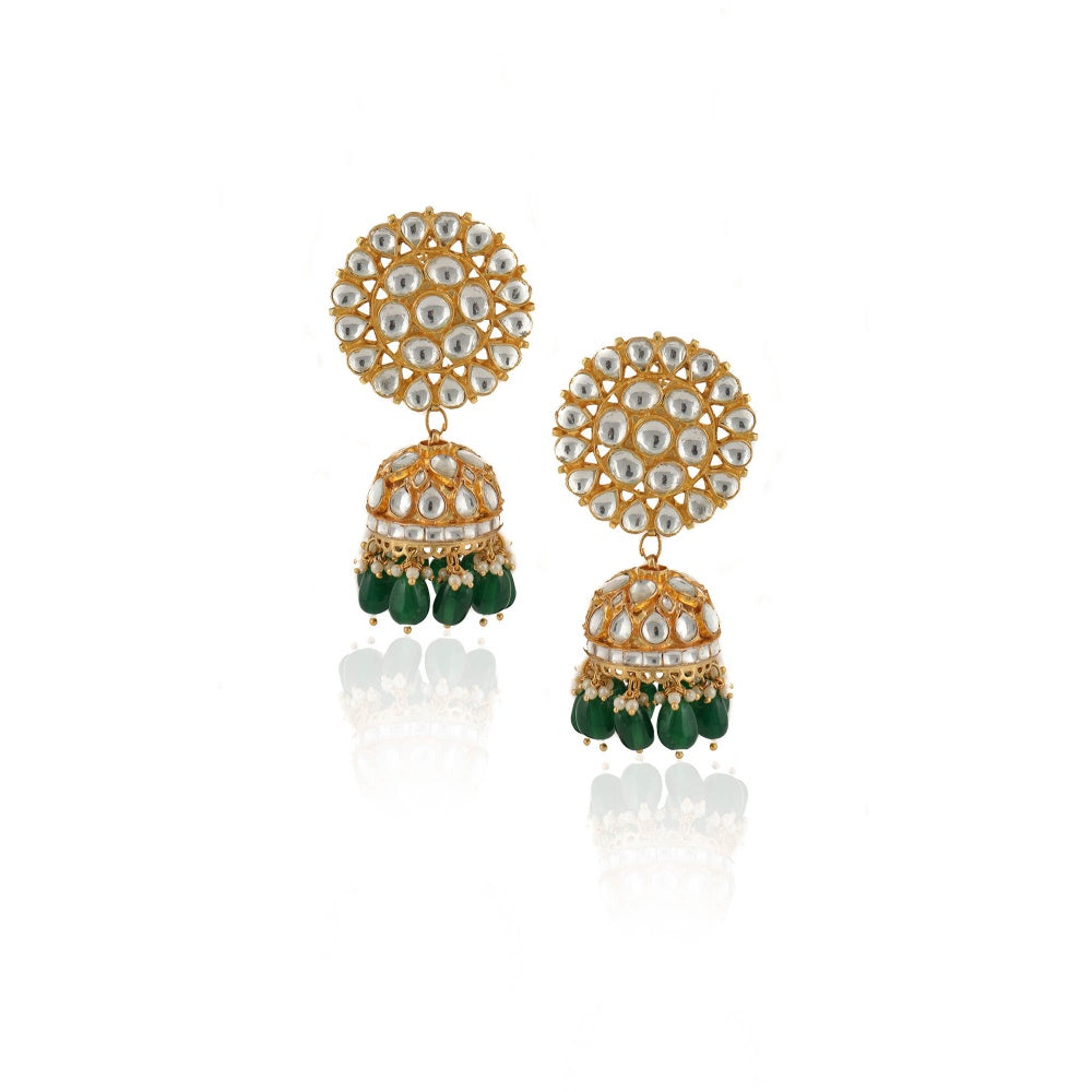 RIANA JEWELLERY White and Green Jadtar Stone 2 Line Choker With Jhumki Bridal Set (Set of 2)
