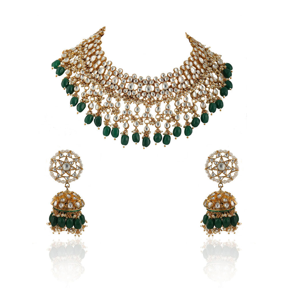 RIANA JEWELLERY Lower Layer Choker Hangings With Pandadi & Green Beads With Star Jhumki (Set of 2)