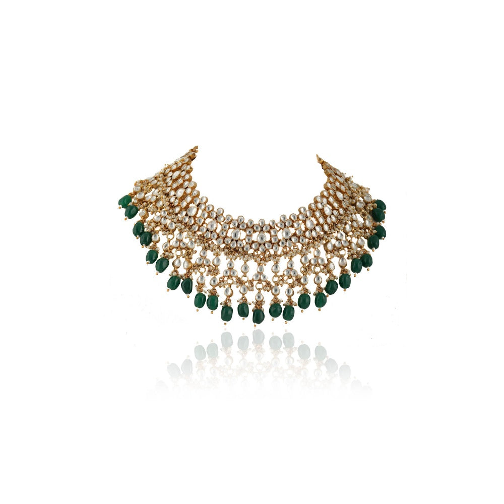 RIANA JEWELLERY Lower Layer Choker Hangings With Pandadi & Green Beads With Star Jhumki (Set of 2)