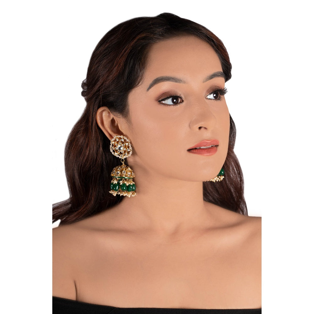 RIANA JEWELLERY Lower Layer Choker Hangings With Pandadi & Green Beads With Star Jhumki (Set of 2)