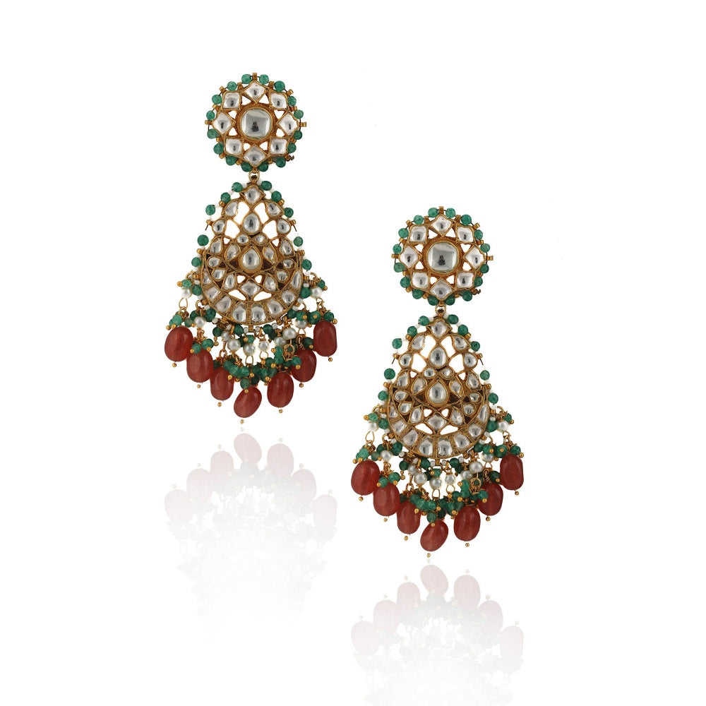 RIANA JEWELLERY White Stone Earrings Light Green Hangings With Pastel Pink Beads