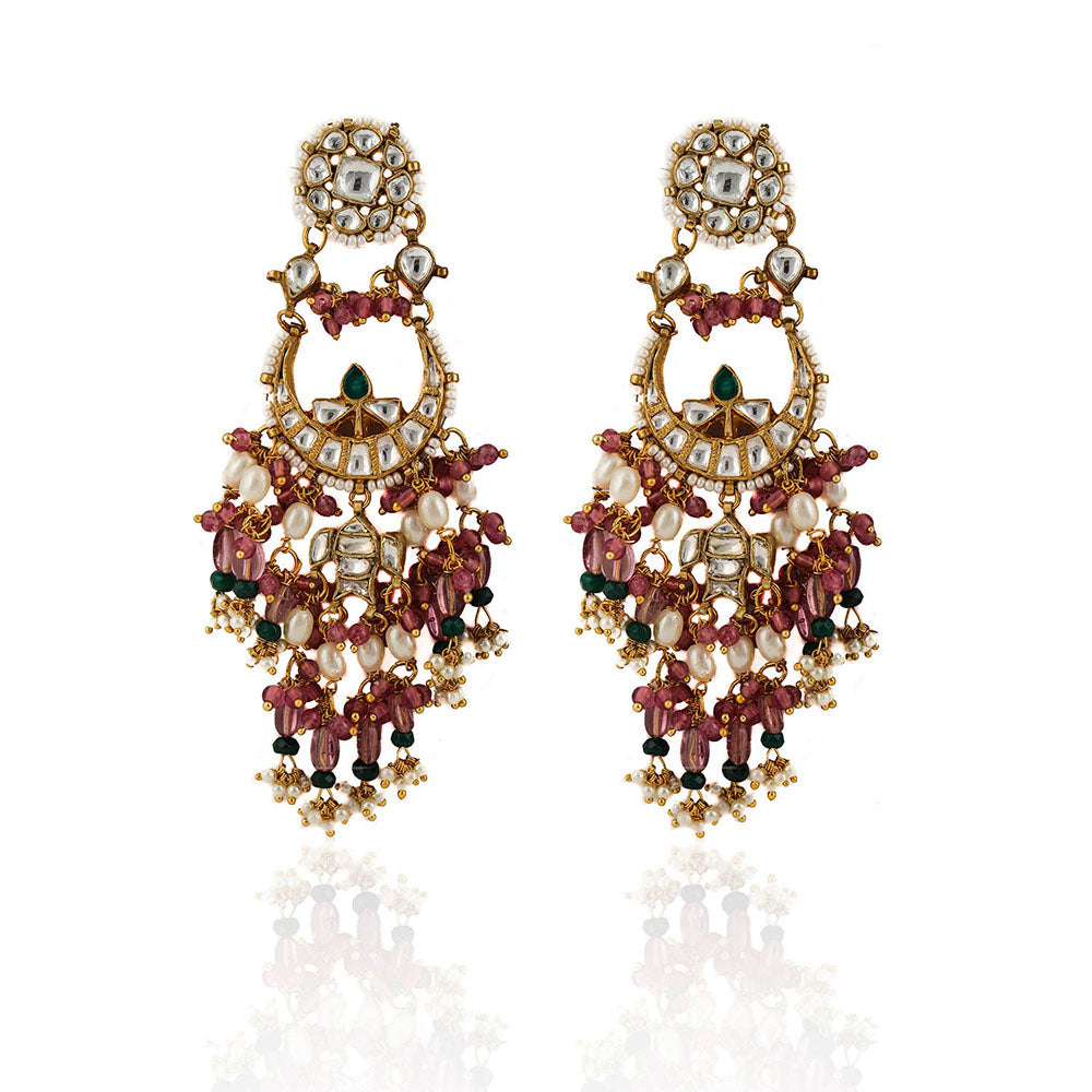 RIANA JEWELLERY Small Chand Baalis Earrings With Light Pink Beads and Small Green Beads