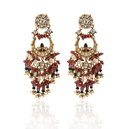 RIANA JEWELLERY Small Chand Baalis Earrings With Light Pink Beads and Small Green Beads