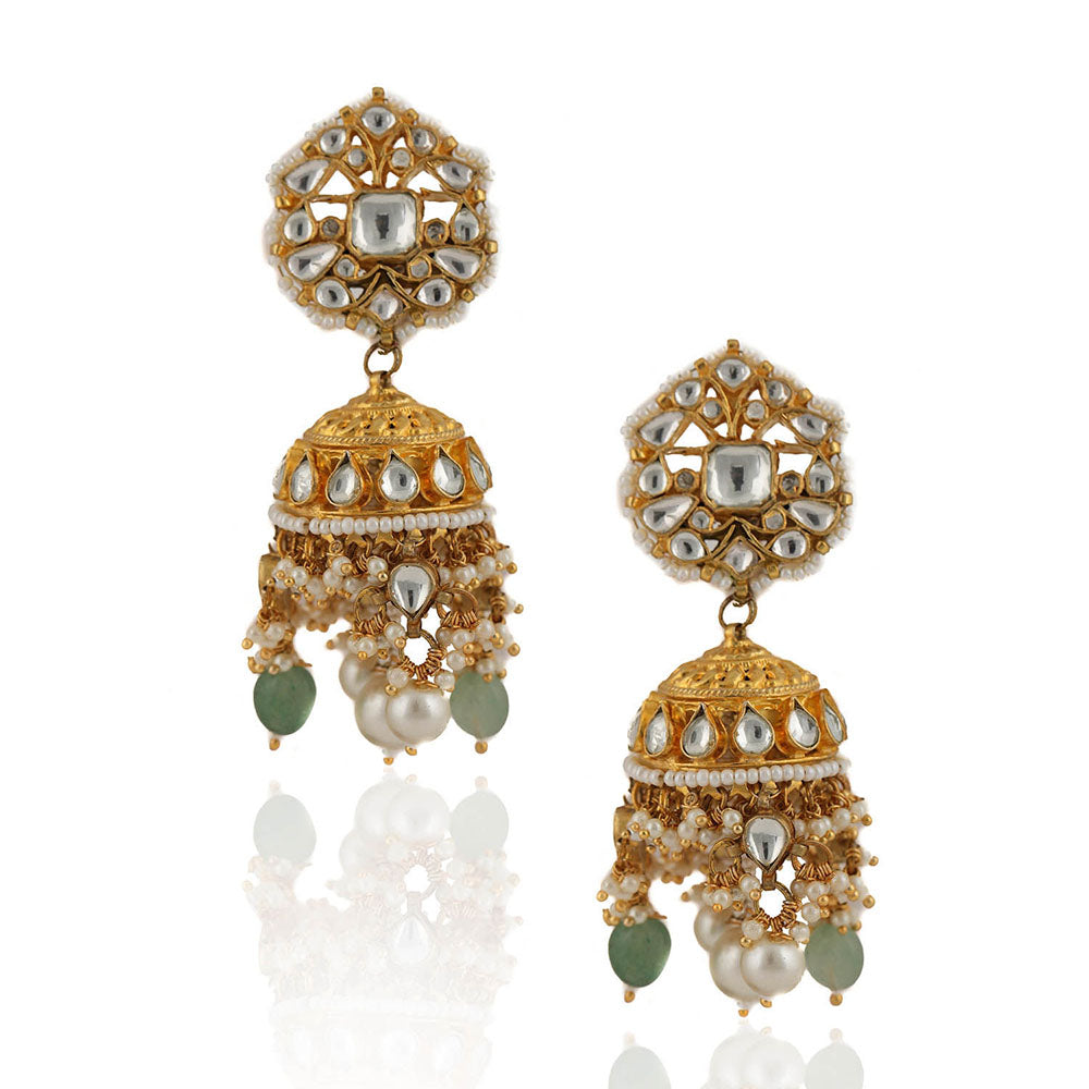 RIANA JEWELLERY White Jhumki With Pearl and Sea Green Beads