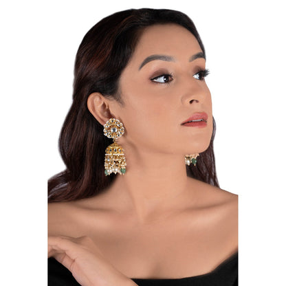 RIANA JEWELLERY White Jhumki With Pearl and Sea Green Beads