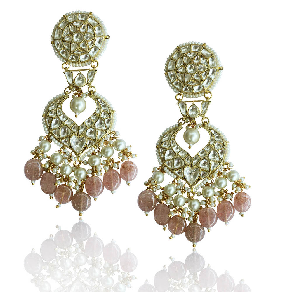 RIANA JEWELLERY White Jadtar Stone Earrings With 2 Layer Pearl Pestle Pink Beads Beads