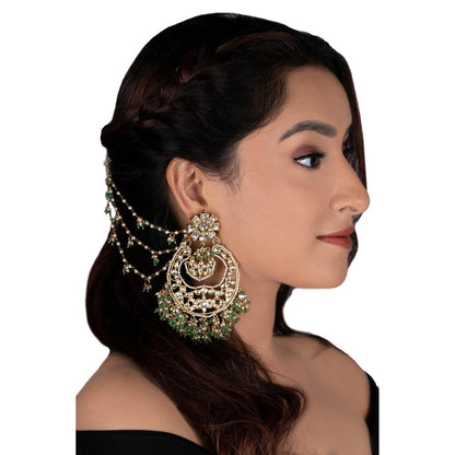 RIANA JEWELLERY White Jadtar Stone Big Chand Baalis With Light Green Beads
