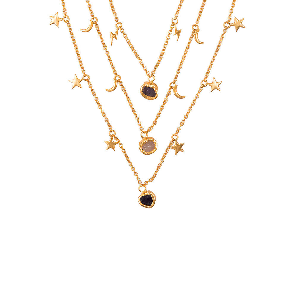 Zariin Gold Plated Three Layered Necklace With Amethyst & Rose Quartz Stone