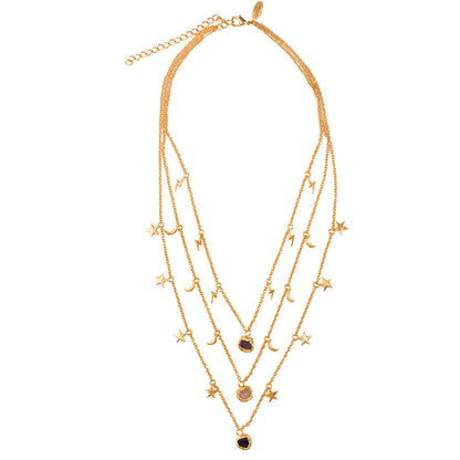 Zariin Gold Plated Three Layered Necklace With Amethyst & Rose Quartz Stone