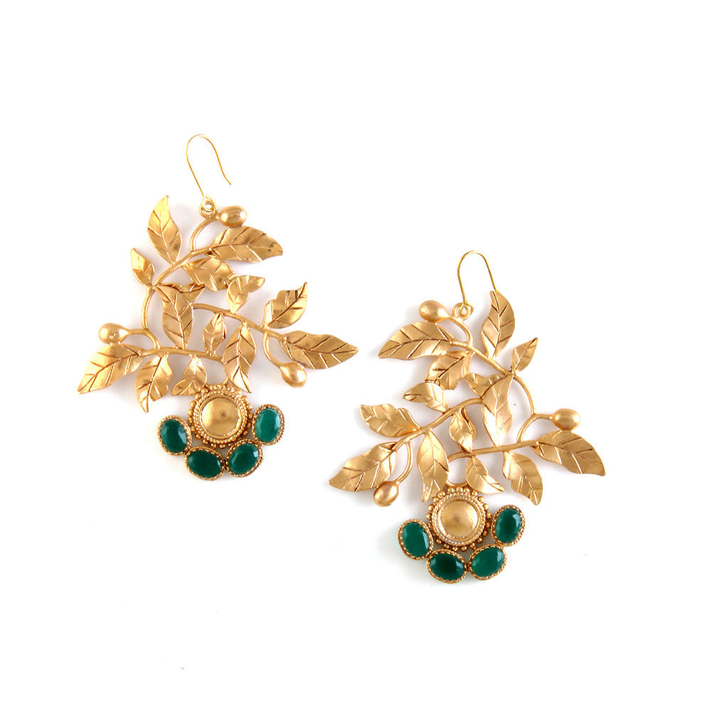 Suhani Pittie Gold Rose Vine Drop Earrings With Green Crystals