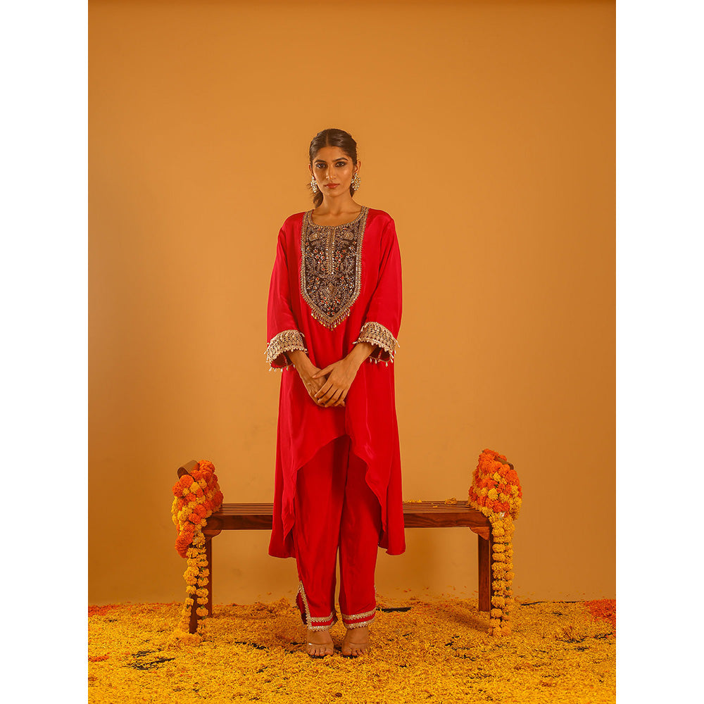 OHH CROW Red High Low Kurta with Pant (Set of 2)