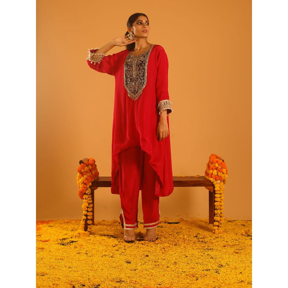 OHH CROW Red High Low Kurta with Pant (Set of 2)