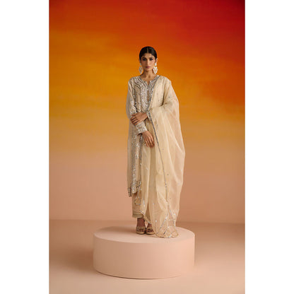 OHH CROW Beige Embroidered Crepe Kurta with Pant and Dupatta (Set of 3)