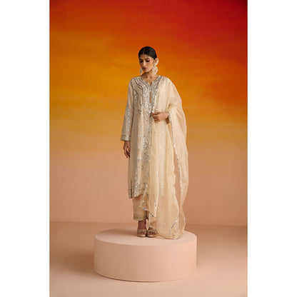 OHH CROW Beige Embroidered Crepe Kurta with Pant and Dupatta (Set of 3)