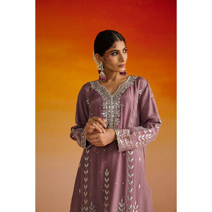 OHH CROW Purple Embroidered Opara Silk Kurta with Pant and Dupatta (Set of 3)