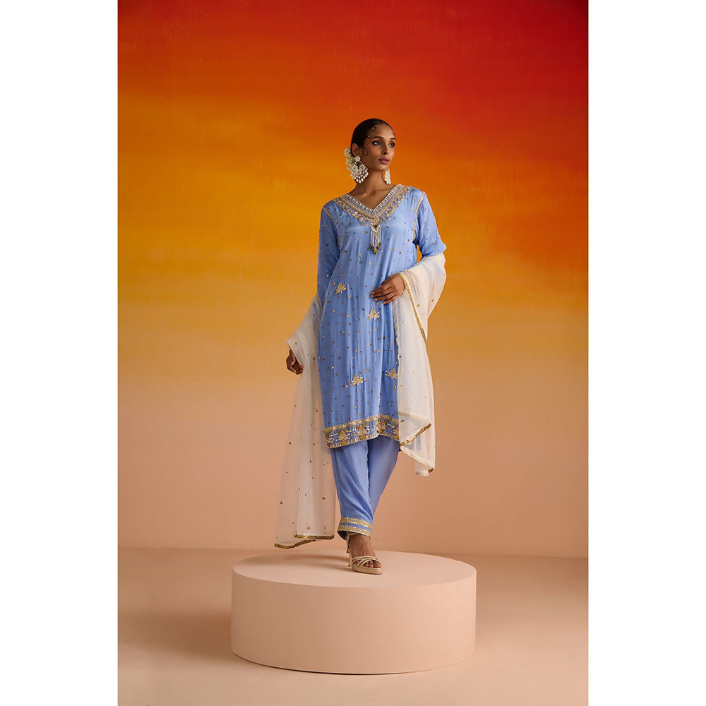 OHH CROW Blue Embroidered Crepe Kurta with Pant and Dupatta (Set of 3)