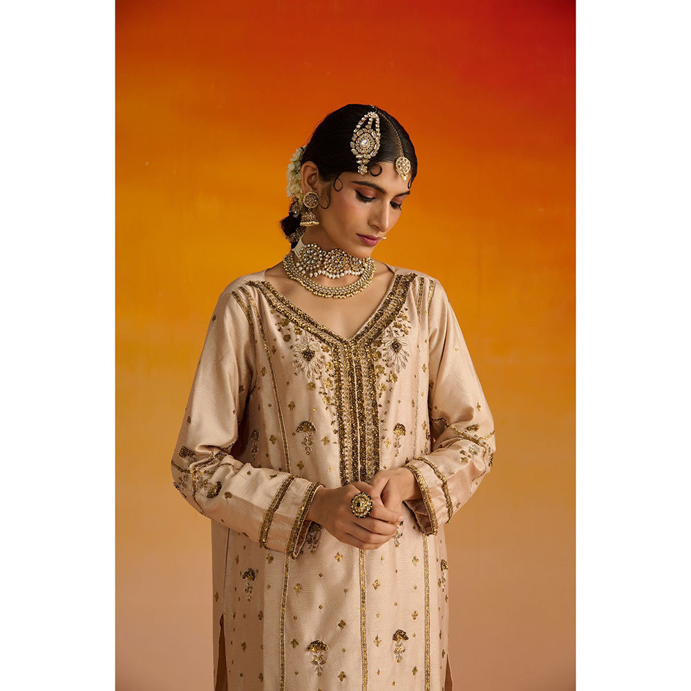 OHH CROW Beige Embroidered Raw Silk Kurta with Pant and Dupatta (Set of 3)