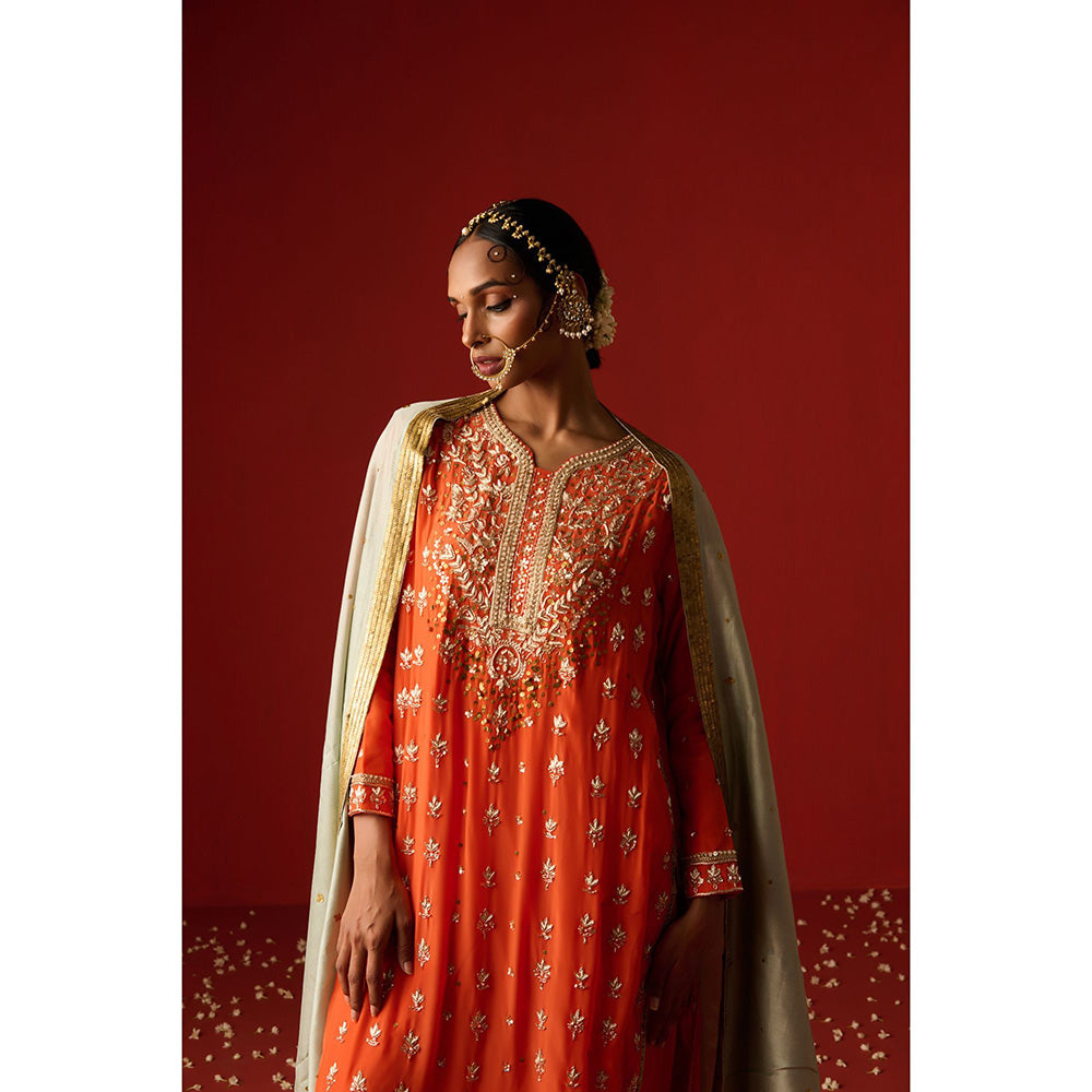 OHH CROW Orange Embroidered Crepe Kurta with Pant and Dupatta (Set of 3)