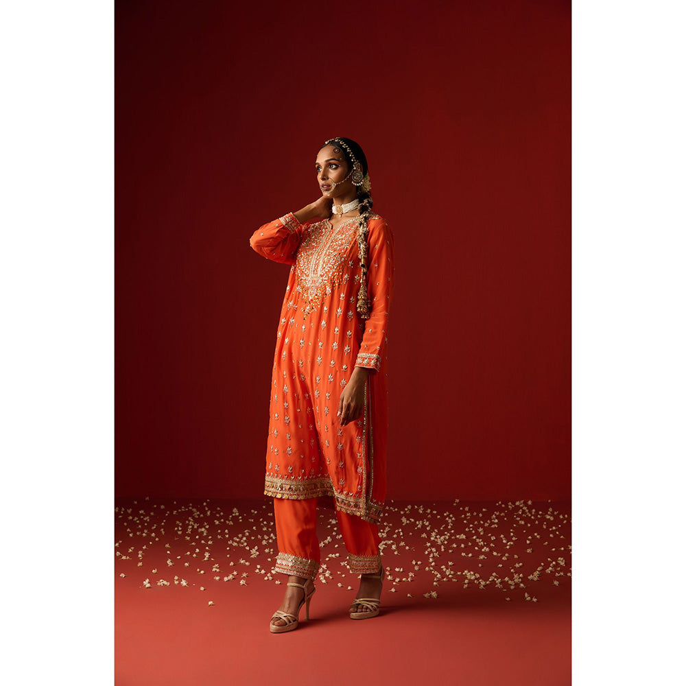 OHH CROW Orange Embroidered Crepe Kurta with Pant and Dupatta (Set of 3)